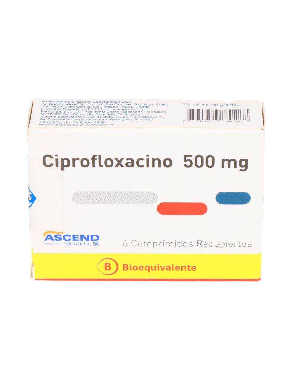 CIPROFLOXACINO 500 MG 6 COMPRIMIDOS RECUBIERTOS BIOEQUIVALENTE LAB.ASCEND
