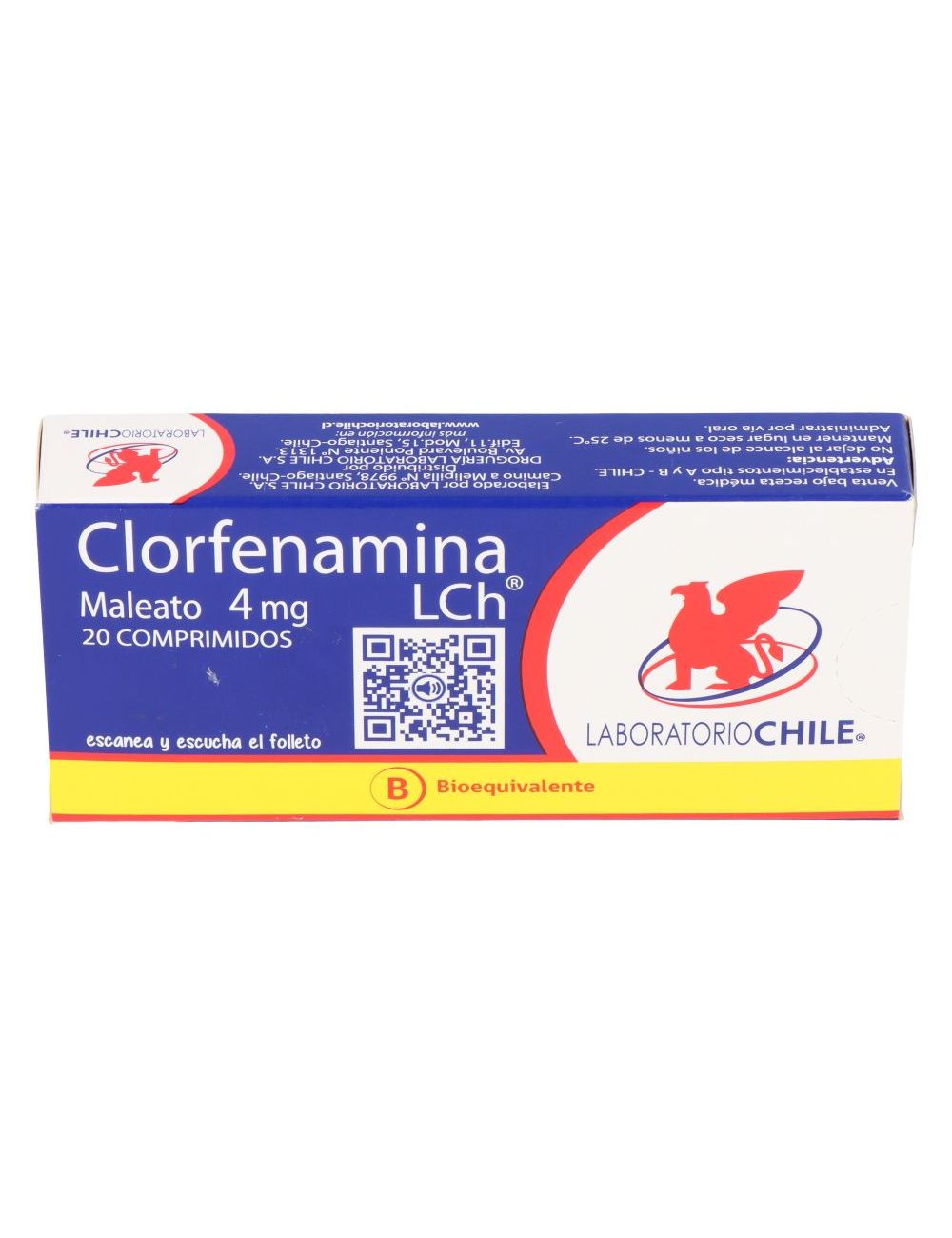 CLORFENAMINA MALEATO 4MG. BIOEQUIVALENTE COMPRIMIDOS 20 LABORATORIO CHILE