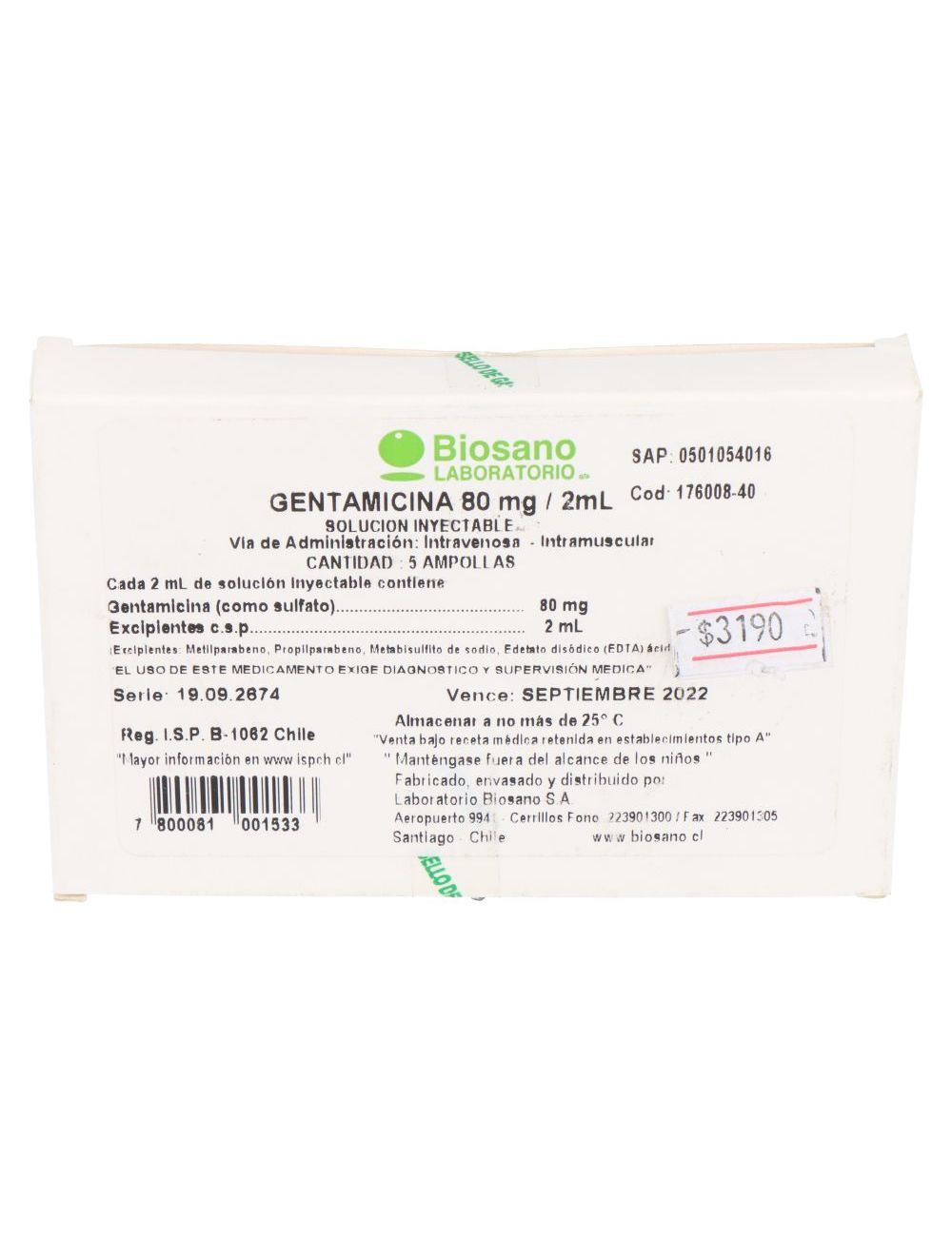 GENTAMICINA 80MG/2ML SOLUCION INYECTABLE  5 AMPOLLAS