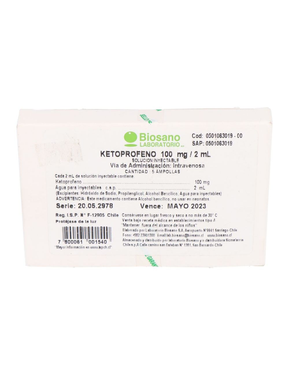 KETOPROFENO 100MG/2ML 5 AMPOLLAS SOLUCION INYECTABLE LABORATORIO BIOSANO