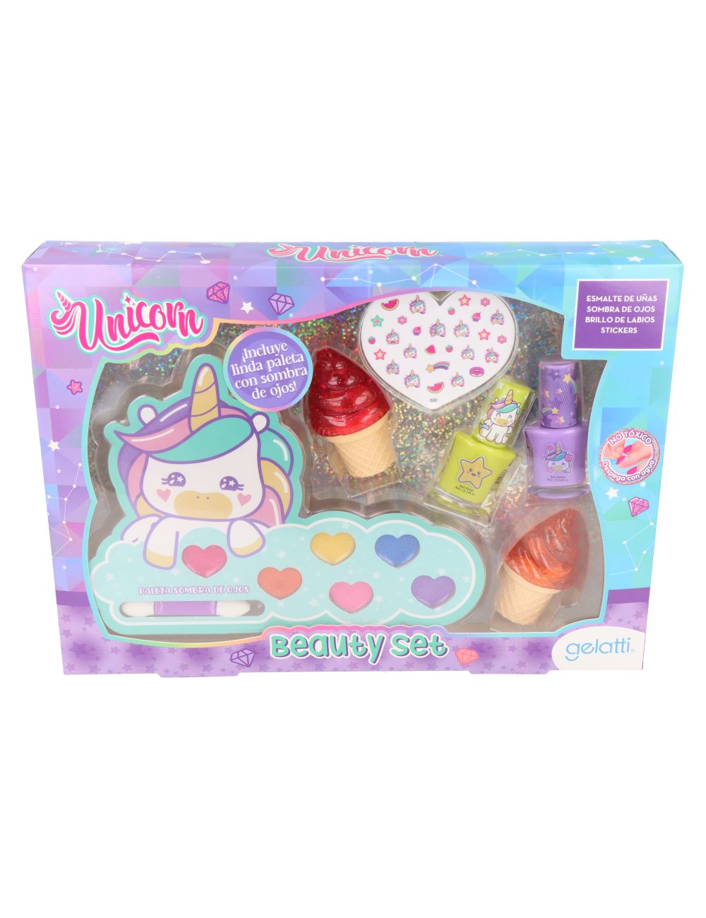 ESTUCHE UNICORNIO 2 ESMALTES + 2 GLOSS HELADO+PALETA SOMBRAS+STICKERS NAVIDAD