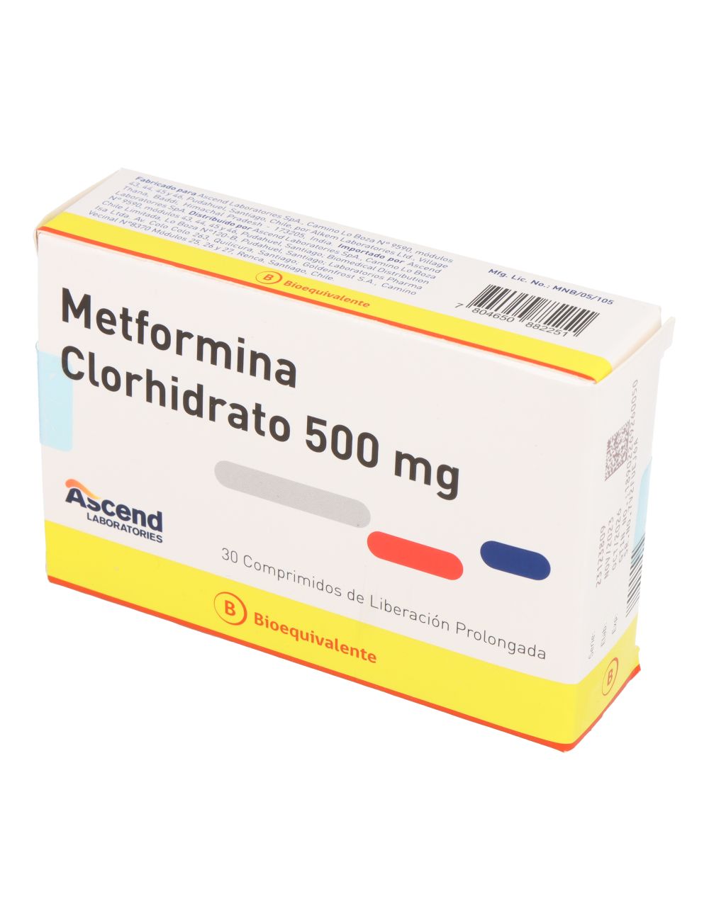 METFORMINA 500 MG POR 30 COMPRIMIDOS LIBERACION PROLONGADA BIOEQUIVALENTE LABORATORIO ASCEND CENABAST
