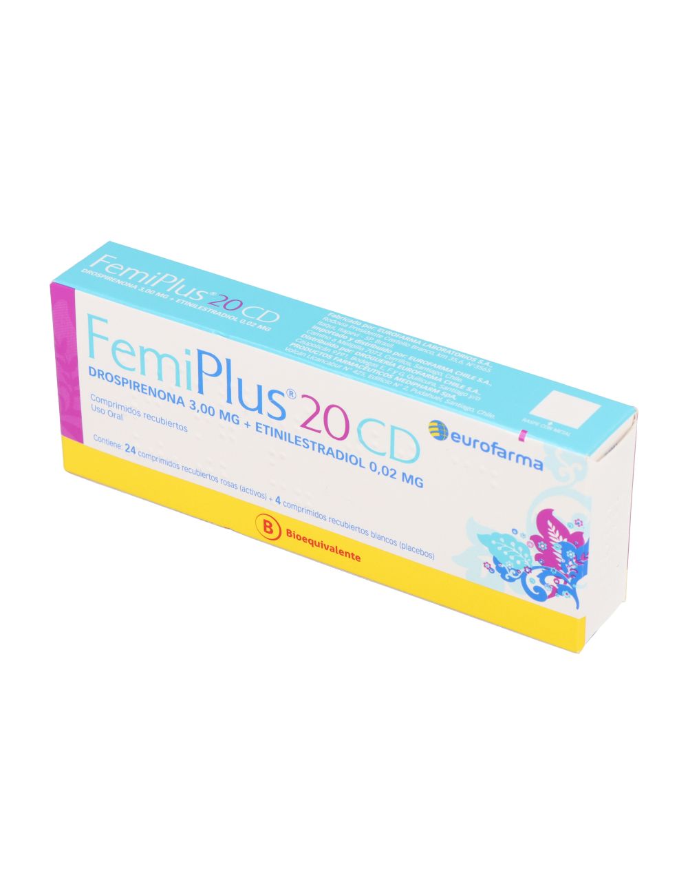 FEMIPLUS 20 CD DROSPIRENONA ETINILESTRADIOL 28 COMPRIMIDOS BIOEQUIVALENTE LABORATORIO EUROFARMA CENABAST