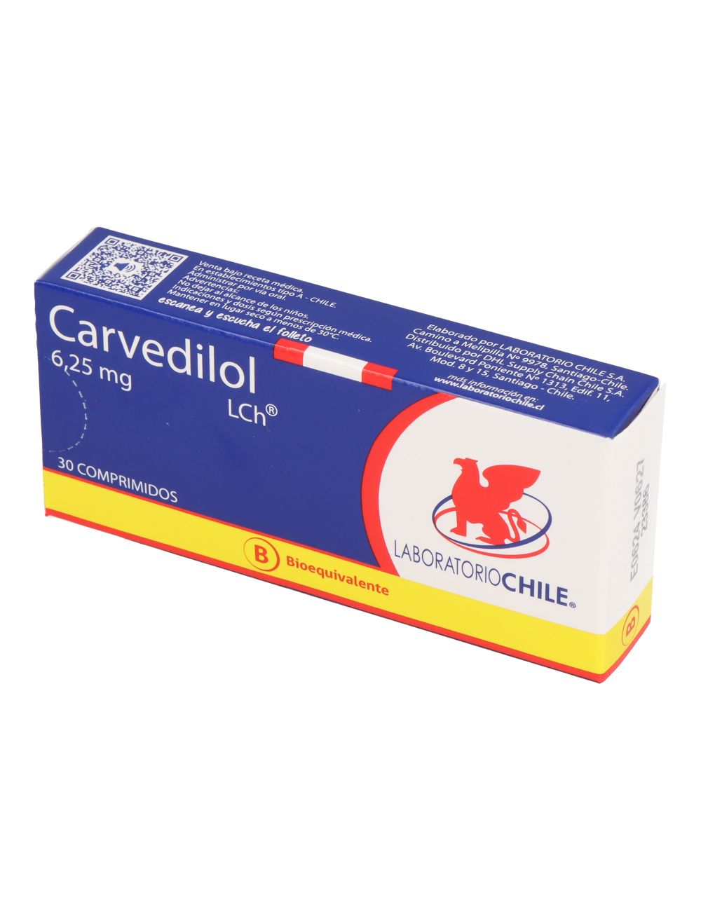 CARVEDILOL 6,25 MG 30 COMPRIMIDOS BIOEQUIVALENTE LABORATORIO CHILE CENABAST
