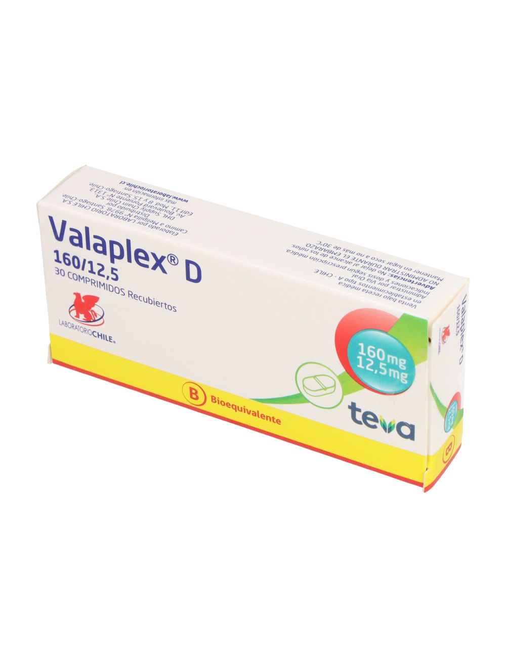 VALAPLEX D VALSARTAN HIDROCLOROTIAZIDA 160/12.5 30 COMPRIMIDOS BIOEQUIVALENTE LABORATORIO CHILE TEVA
