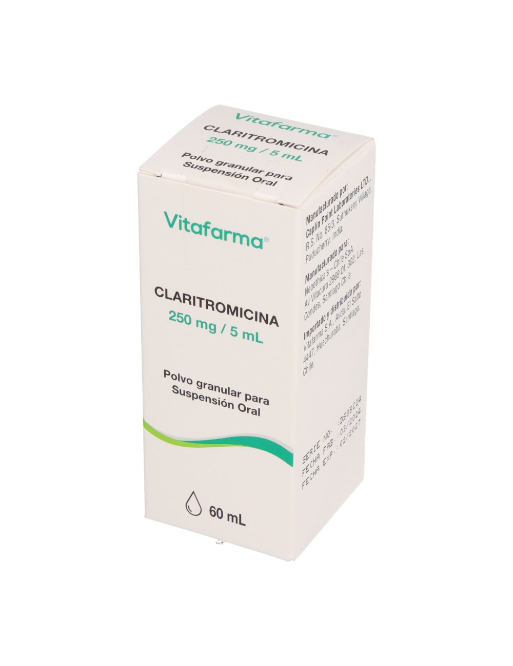 CLARITROMICINA 250 MG / 5 MLPOLVO GRANULAR PARA SUSPENCION ORAL 60 ML LABORATORIO VITAFARMA CENABAST