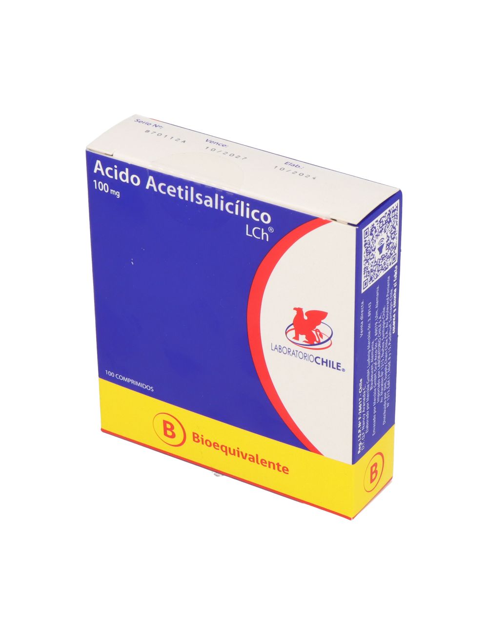 ACIDO ACETILSALICILICO 100 MG 100 COMPRIMIDOS BIOEQUIVALENTE LABORATORIO CHILE CENABAST