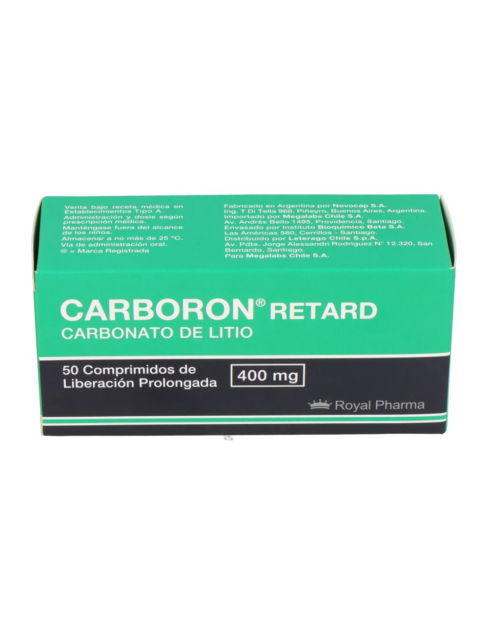 CARBORON RETARD CARBONATO DE LITIO 400 MG 50 COMPRIMIDOS DE LIBERACION PROLONGADA LABORATORIO ROYAL PHARMA CENABAST
