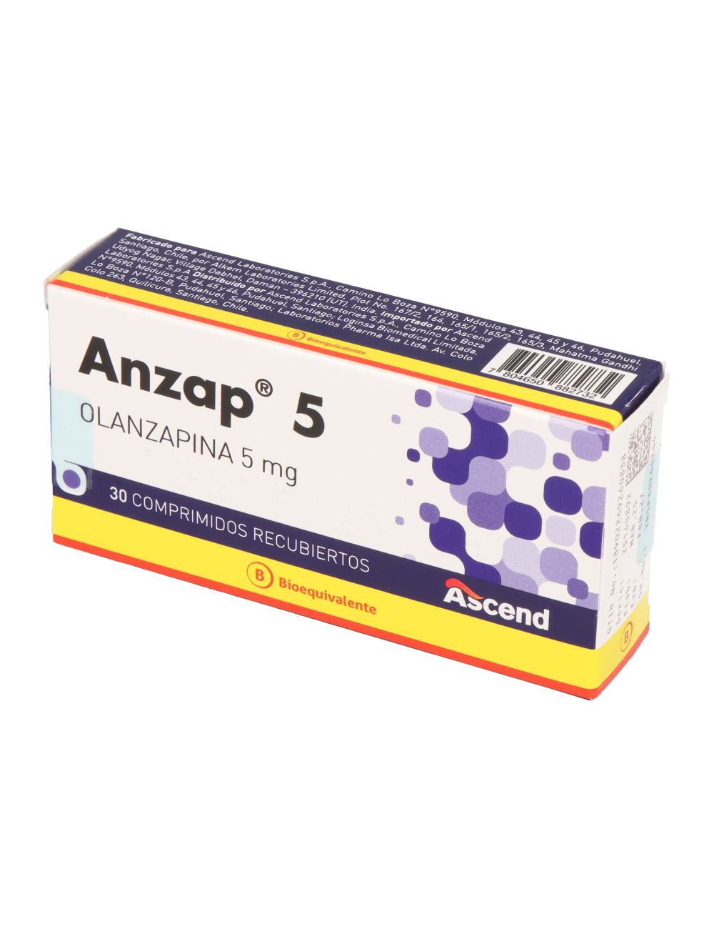 ANZAP OLANZAPINA 5 MG 30 COMPRIMIDOS RECUBIERTOS BIOEQUIVALENTE LABORATORIO ASCEND CENABAST