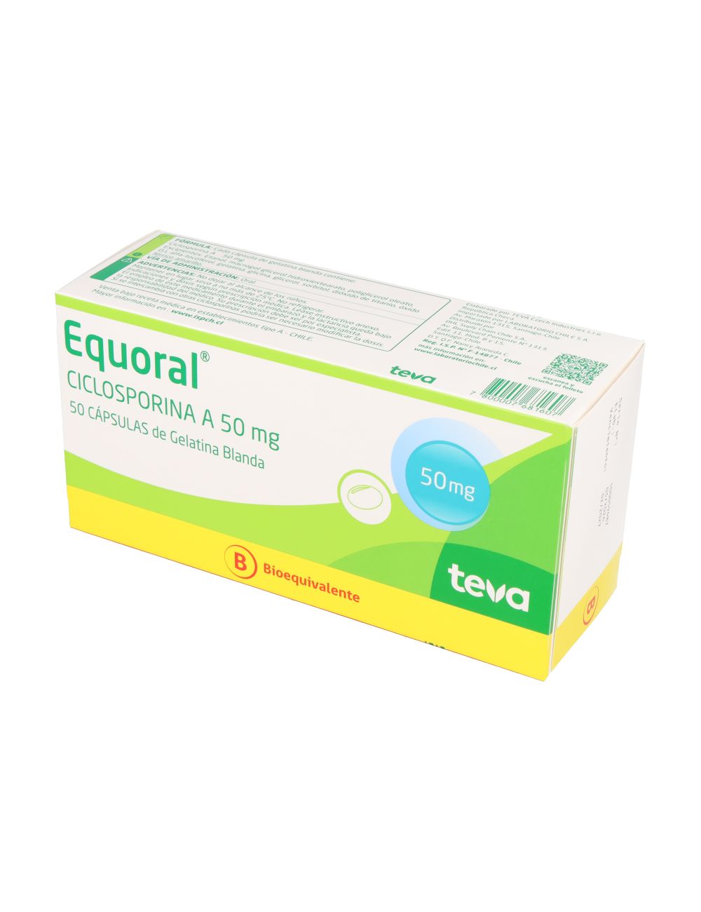 EQUORAL CICLOSPORINA 50 MG 50 CAPSULAS DE GELATINA BLANDAS LABORATORIO CHILE TEVA CENABAST
