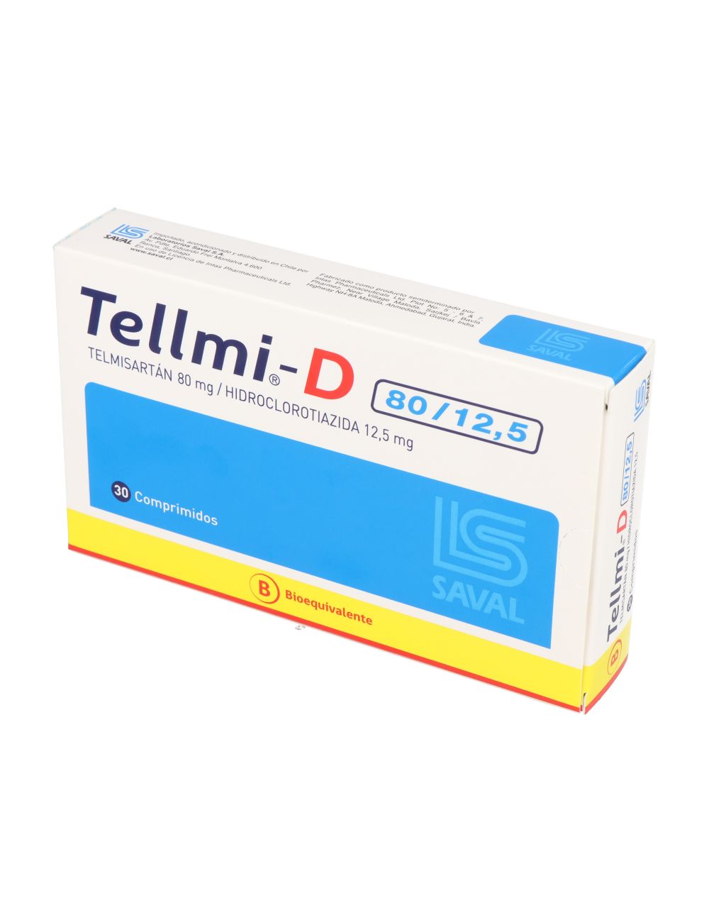 TELLMI-D TELMISARTAN 80 MG/ HIDROCLOROTIAZIDA 12.5 MG 30 COMPRIMIDOS BIOEQUIVALENTE LABORATORIO SAVAL CENABAST