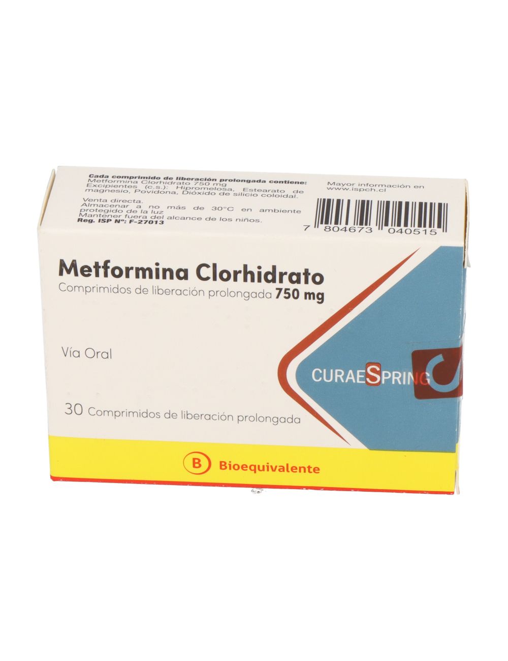 METFORMINA 750 MG 30 COMPRIMIDOS DE LIBERACION PROLONGADA BIOEQUIVALENTE LABORATORIO CURAESPRING CENABAST