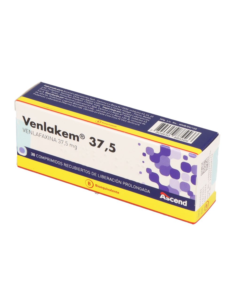 VENLAKEM 37,5 DESVENLAFAXINA 37,5 MG 30 COMPRIMIDOS RECUBIERTOS DE LIBERACION PROLONGADA BIOEQUIVALENTE LABORATORIO ASCEND