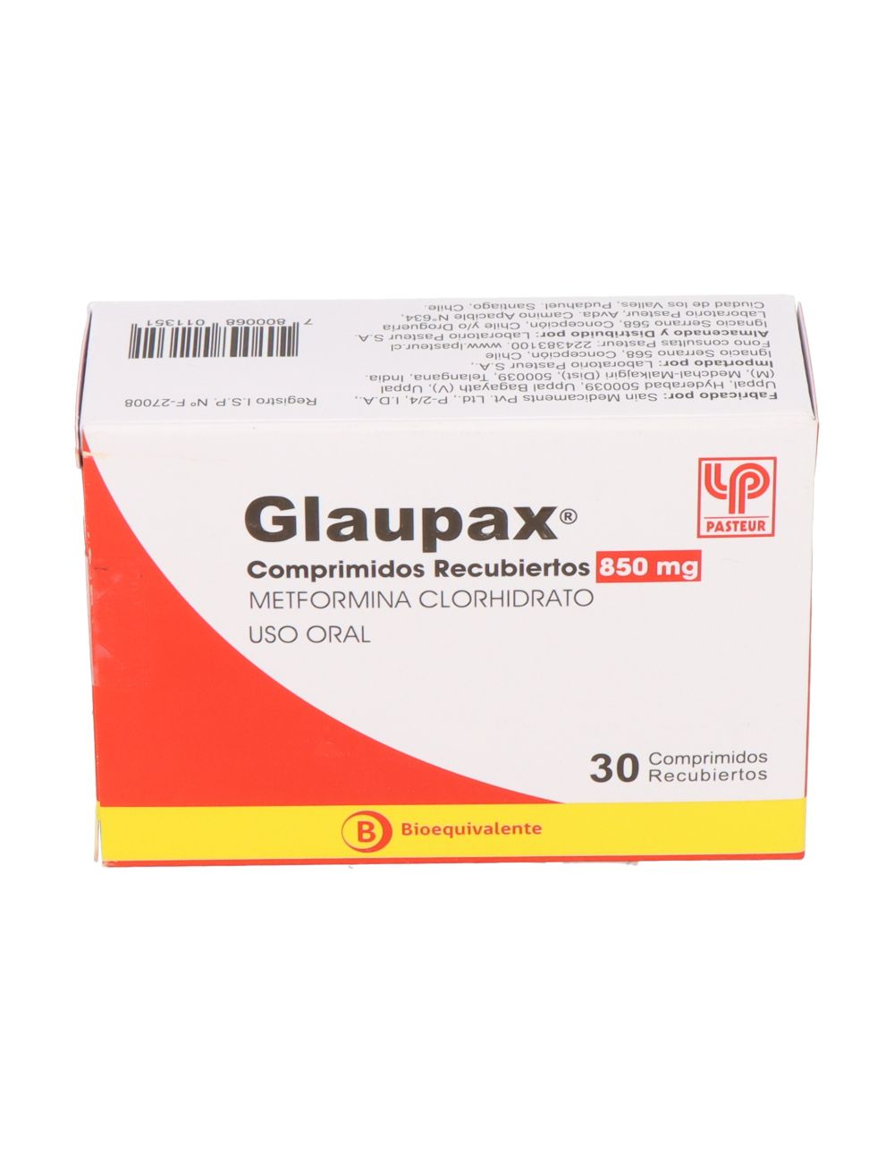 GLAUPAX METFORMINA CLORHIDRATO 850 MG 30 COMPRIMIDOS RECUBIERTOS BIOEQUIVALENTE LABORATORIO PASTEUR