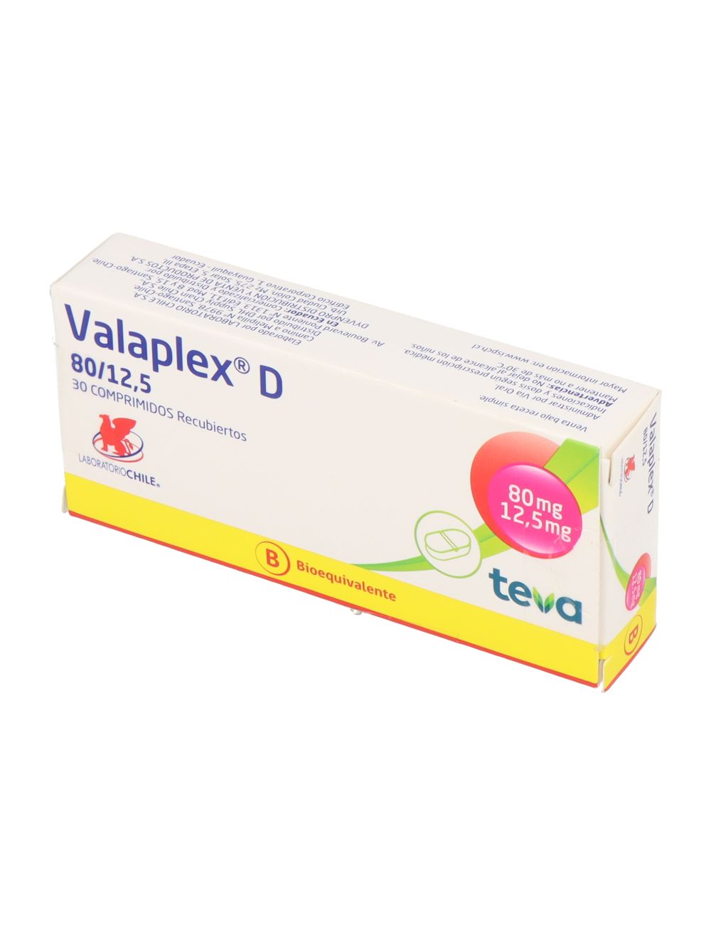 VALAPLEX D VALSARTAN HIDROCLOROTIAZIDA 80/12.5 30 COMPRIMIDOS BIOEQUIVALENTE LABORATORIO CHILE TEVA